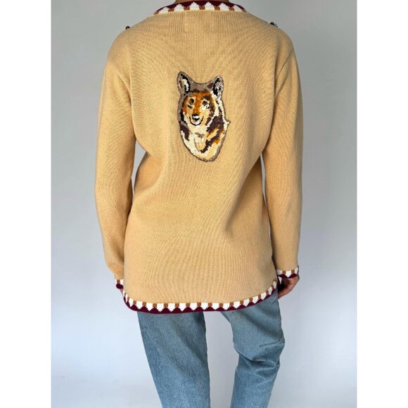 90s vintage novelty wolf animal embroidered button up cardigan knit sweater - Picture 6 of 11